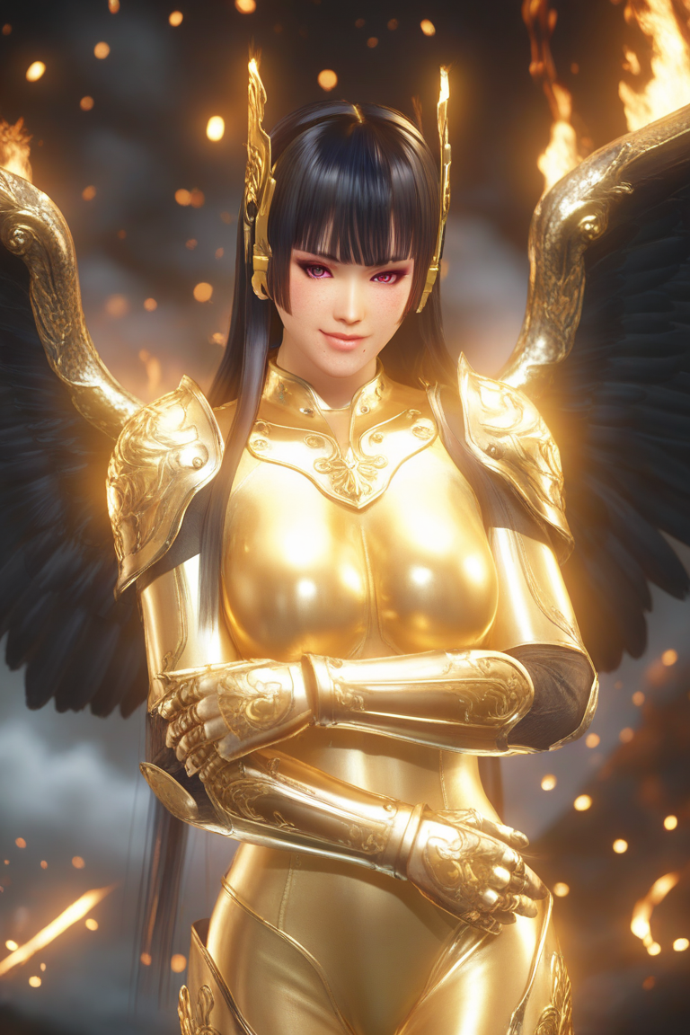 score_9,score_8,score_7_up,ultra detailed,realistic,high_contrast, 
nyotengu \(doa\),mole under mouth,crossed_arms, 
long hair, hime cut, blunt bangs, sidelocks, 
gold bodysuit,freckles, latex, glowing,, holy armor,gold gauntlets,  wing helmet,black wings, gold light, gold holy armor, fantasy,glowing, gold , half open eyes , pants, smile beam, standing ,
cosmos,burning,
 <lora:holy-armor-01:0.9> <lora:doa_nyotengu_pdxl_v10_plus:0.9>