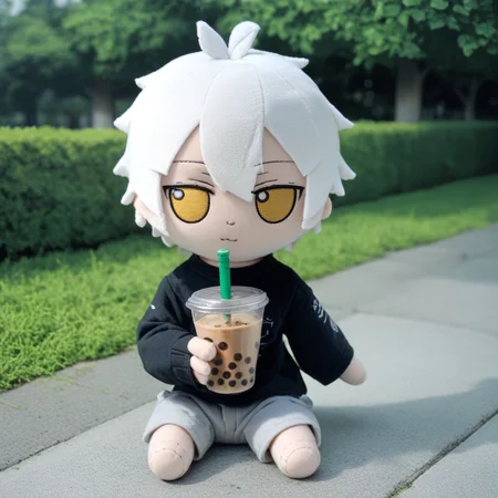 score_9_up, score_8_up, score_7_up, fumo, fumos, plushie, cute, toys, dolls, toy, fumo style, Fumo plush doll, fumo \(doll\), white hair, yellow eyes, park, holding, bubble tea, black sweater, gray shorts, 1boy, solo