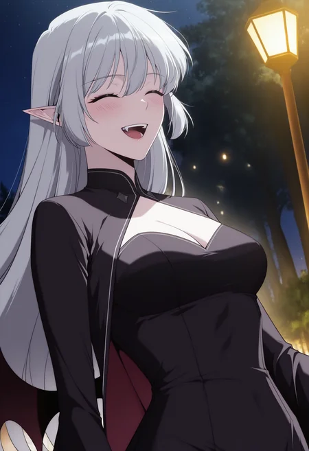 masterpiece,best quality,1girl,red eyes,devil_eyes,long hair,grey hair,hair between eyes,pointy ears,flowing hair,medium breast,cleavage,VampireDZ1,black dress,pencil dress,high collar,collared dress,cut-out dress,open back,white trim,black robe,long sleeves,flowing sleeves,flared cuffs,bat wings,demon wings,red lining,thigh-highs,garter straps,1girl, solo, closed eyes, night, smile, blush, open mouth, shirt, tree, outdoors, lights, teeth, upper body, portrait, blurry background, facing viewer, night sky, happy, blurry background,
anime screencap,anime coloring,<lora:AliceF7:1>,<lora:anime_screencap-IllustriousV2:0.7>,