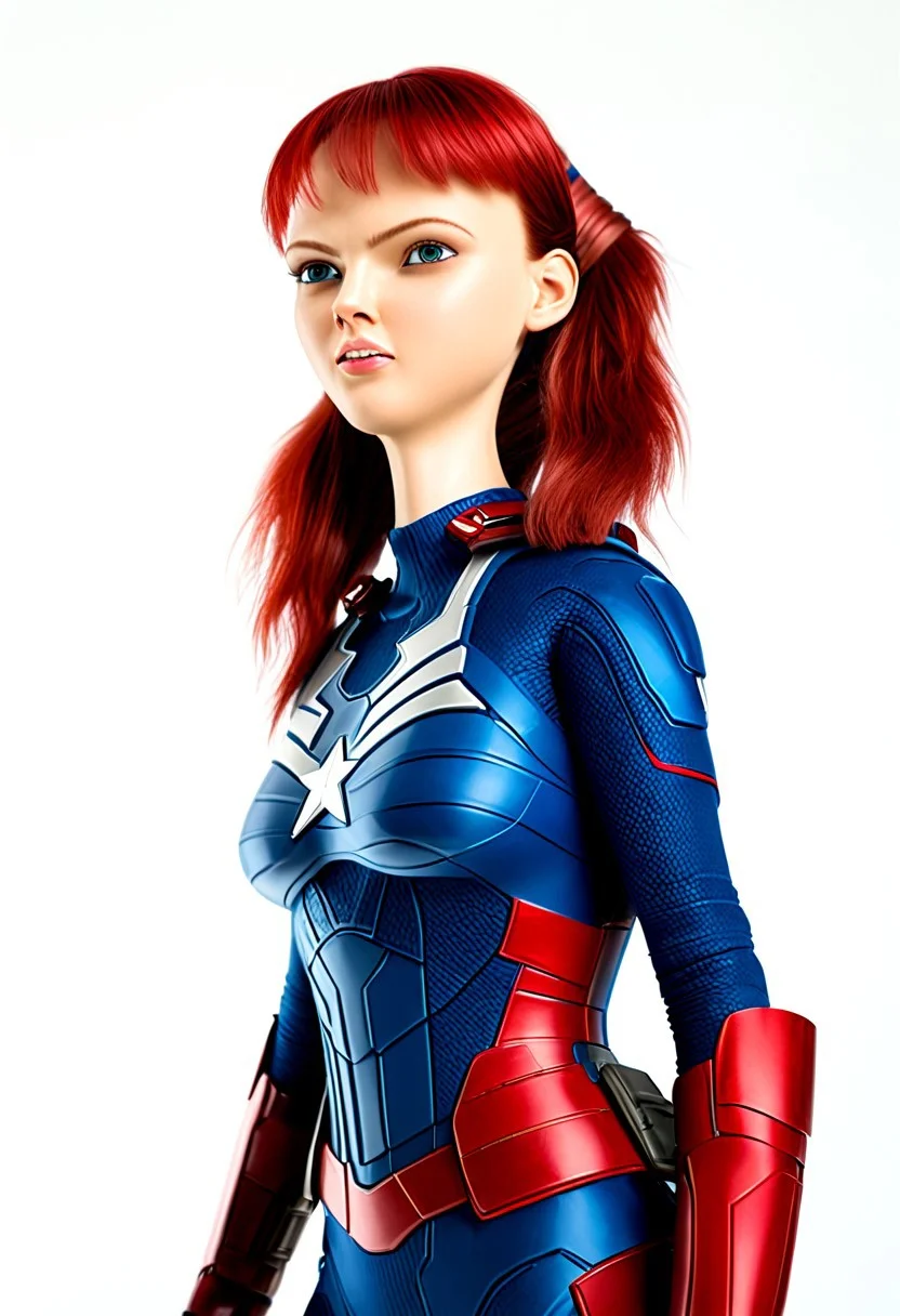 close view, extraordinarily pretty woman dressed as Captain America, powered futuristic outfit, red and blue suit, ponytail, holding round shield, swept bangs, white background, simple background
