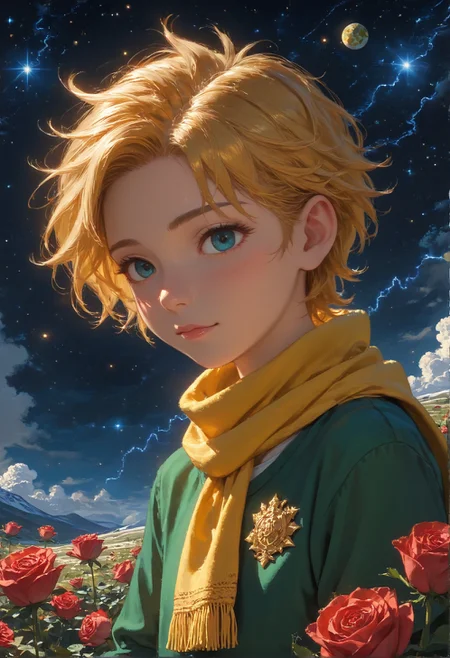 detailed background,Cinematic Lighting,film grain,score_9,score_8_up,score_7_up,zPDXL2,masterpiece,best quality,highly detailed,glowing,hand person,Expressiveh, <lora:(增强)sdxl_lightning_8step_lora:1>,<lora:glowneon_xl_v1:1>, <lora:(增强)Hands XL 4:1>,<lora:(增强)Expressive_H-000001:0.8>, <lora:Vixon\Vixon's Pony Styles Astro:0.8> , little prince, a rose, a fox, night sky, universe, yellow scarf, yellow hair, green clothes, 4str0,star \(sky\), earth \(planet\), planet,Le Petit Prince,1child