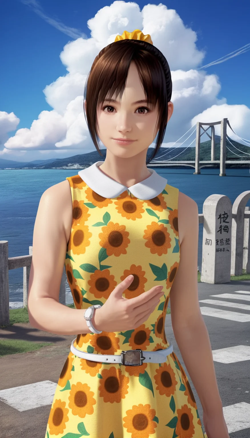 score_9,score_8_up,score_7_up,<lora:MiiyamotoHikari>,
miiyamotohikari,
highres,bloom,Volumetric Lighting,photorealism,
1girl,solo,black hair,bangs,orange scrunchie,bouncing hair,brown eyes,looking at viewer,smile,
sleeveless yellow dress,white collar,white wristwatch,white belt,
portrait,
blurry background,outdoors,clear sky,ocean,cloud,pavement,stone lantern,stone steps,sea fence,bridge in the background,distant mountains,summer,