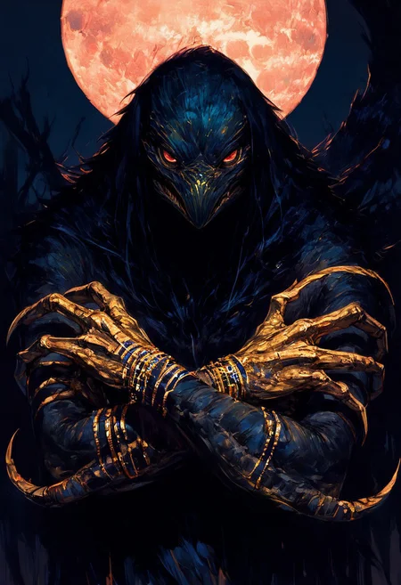 Score_9,score_8_up,score_7_up, high quality , detailed face ,realistic image,monster, non human proportions, decrepit body,half closed eyes, annoyed expression , Horus god, (eagle head), claws, , ( gold accessories) ,((looking at hands, light from back , havey shadows , crossed hands)), black background, red moon , soft colors , looking at viewer, ( close up,side view, low view, half body visible),