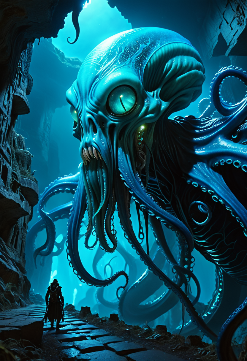 arcane and unsettling, low-angle shot to highlight menace, deep blue bioluminescent glow, looming forward menacingly, ancient underground ruins, tentacled face, dark, leathery skin, elongated cranium, slender, alien physique, four long tentacles extending from mouth fantasy_random_lora, realistic, uhd, 8k, masterpiece, intricately detailed, cinematic, best quality, absurd resolution, fantasy art, fantasy race concept, artfully_mindflayer,  <lora:artfully_MINDFLAYER_SDXL:0.8>