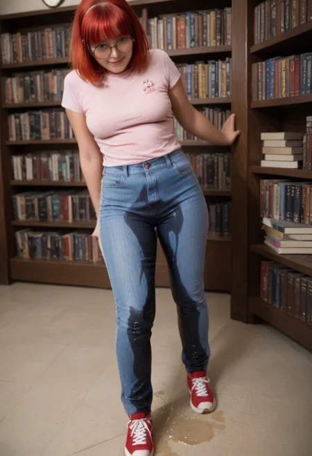 safe_pos, A young japanese woman pee her pants. She wear blue jeans with pee stains and pink tshirt. She look at camera with her entire body in frame. pee puddle under her red sneakers. She have red bob hair and big round reading glasses. She has sexy curves, an hourglass figure. a thin waist with wide hips, thick thigh. A shy smile on her face and looks embraced with blush. Her left hand on her cheek. She carry a book oh her right arm.She stand in library with lots of natural light. shallow depth of field, f1.4