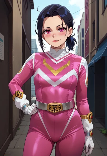 score_9, score_8_up, score_7_up, BREAK,
1girl, solo, BREAK,
sentaisaintforce, pink bodysuit, silver belt, white gloves, spandex, wing-shaped chest symbol, small breasts, helmet removed, no headwear, <lora:Saint_Force:1>, BREAK,
leyleyxl, 1girl, solo, (black hair), ponytail, (white pupils, pink eyes:.6), messy hair, short ponytail, (upper body:.6), BREAK,
smug, blush, looking at viewer, BREAK,
standing BREAK,
outdoors, alley, night