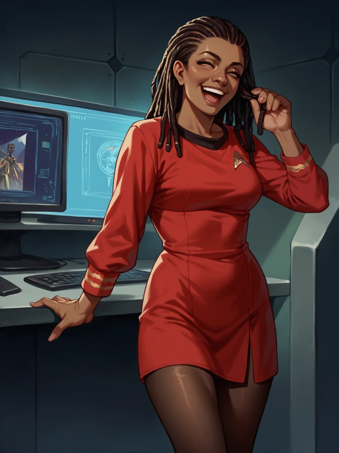 score_9, score_8_up, score_7_up, score_6_up, score_5_up, score_4_up,african 1girl in stunf,star trek uniform red dress,happy,at a bridge of a science fiction spaceship,dreadlocks,looking at a monitor,long sleeves,pantyhose<lora:ponytosnewV2:0.8>