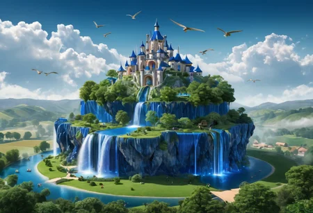 A magic castle built on an island that is floating in the sky, many parts made of beautiful deep blue crystal, a waterfall flows from the floating island in the sky down to the ground, dragons flying in the background, a green and pleasant landscape, gentle hills and farm land, photorealistic, high quality, high detail