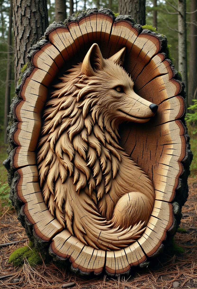 <lora:Tree_Ring_Trunkator_FLUX:0.9>
Photograph of a highly detailed, intricately carved wooden sculpture of a beautiful wolf, set within the hollow of a tree stump