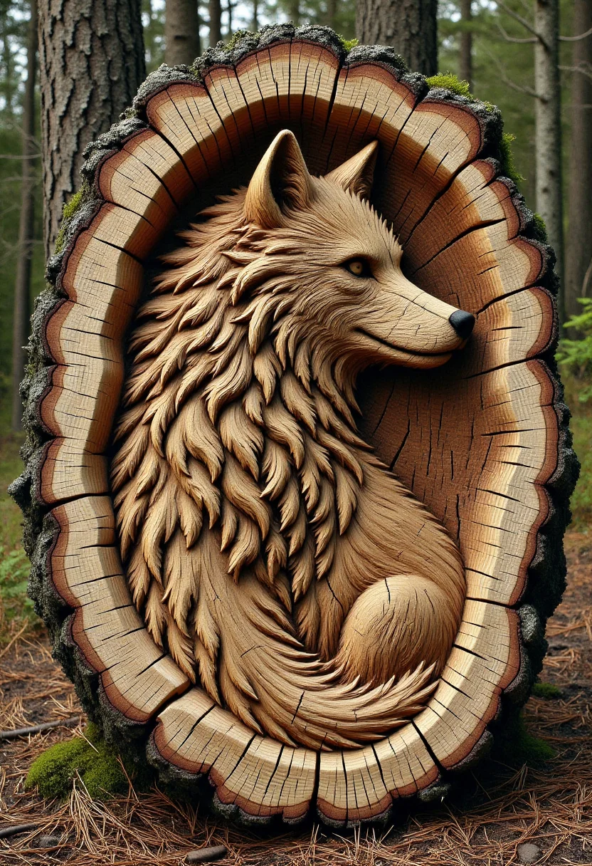 <lora:Tree_Ring_Trunkator_FLUX:0.9>
Photograph of a highly detailed, intricately carved wooden sculpture of a beautiful wolf, set within the hollow of a tree stump