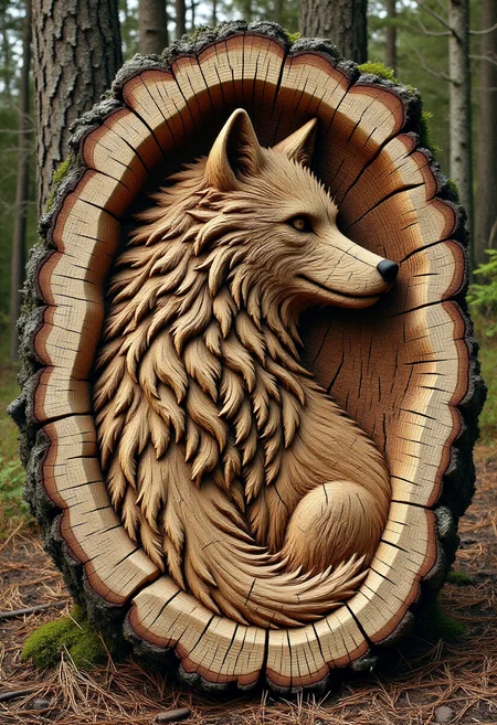 <lora:Tree_Ring_Trunkator_FLUX:0.9>
Photograph of a highly detailed, intricately carved wooden sculpture of a beautiful wolf, set within the hollow of a tree stump