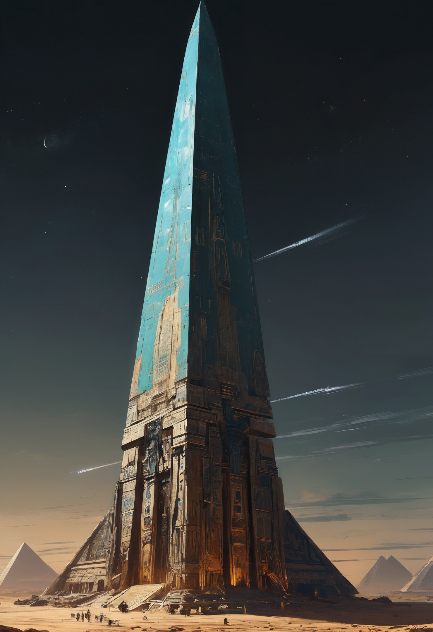 Digital artwork, a vast spaceship in the shape of an Egyptian obelisk, 8k, hdr, masterpiece, highly detailed, style blend of Yoji Shinkawa and Greg Rutkowski, colorful and vibrant, concept art