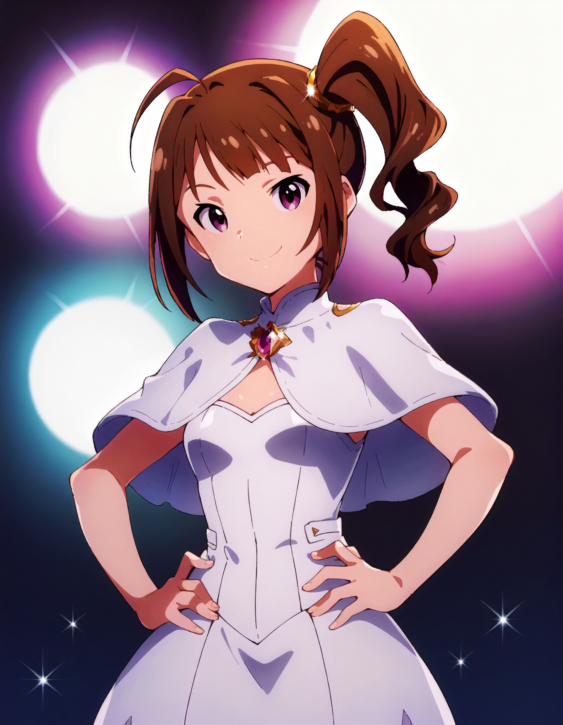 score_9,score_8_up,score_7_up,1girl,solo,cowboy shot,looking at viewer,smile,closed mouth,hands on hips,stage lights,
<lora:yokoyamanao_ponyXLV6:0.8>,mlyn,
brown hair,side ponytail,ahoge,purple eyes,
sparkle,white capelet,white dress
