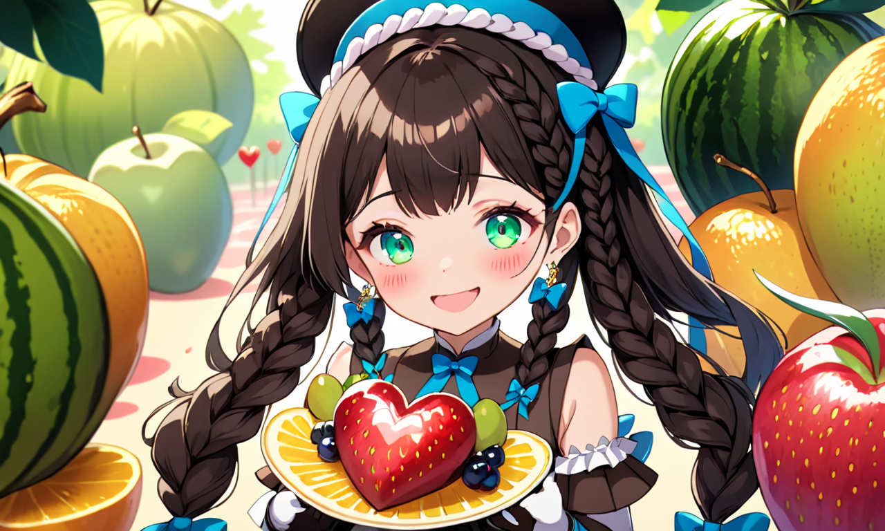 masterpiece, high quality, 8k, beautiful lighting, 1girl, solo, anime, <lora:anime_sdxl_v1:0.75>, animated, bangs, black hair, blue eyes, blush stickers, bow, braid, brown hair, closed mouth, commentary request, crown braid, dated, dress, earrings, english text, fang, food, fruit, gloves, green ribbon, grin, hat, heart, heterochrom