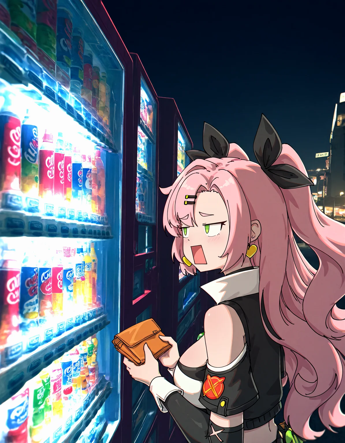 1girl, solo, nicole demara, rectangular mouth, holding wallet, vending machine, 0 0, night, <lora:jl_tan:0.7>, jl tan