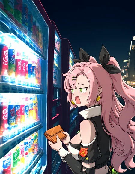 1girl, solo, nicole demara, rectangular mouth, holding wallet, vending machine, 0 0, night, <lora:jl_tan:0.7>, jl tan