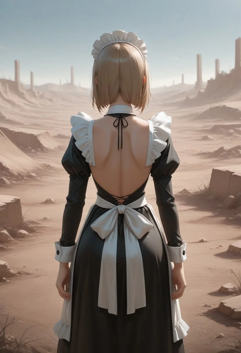 maid, from behind, wasteland, backless