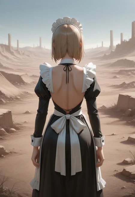 maid, from behind, wasteland, backless