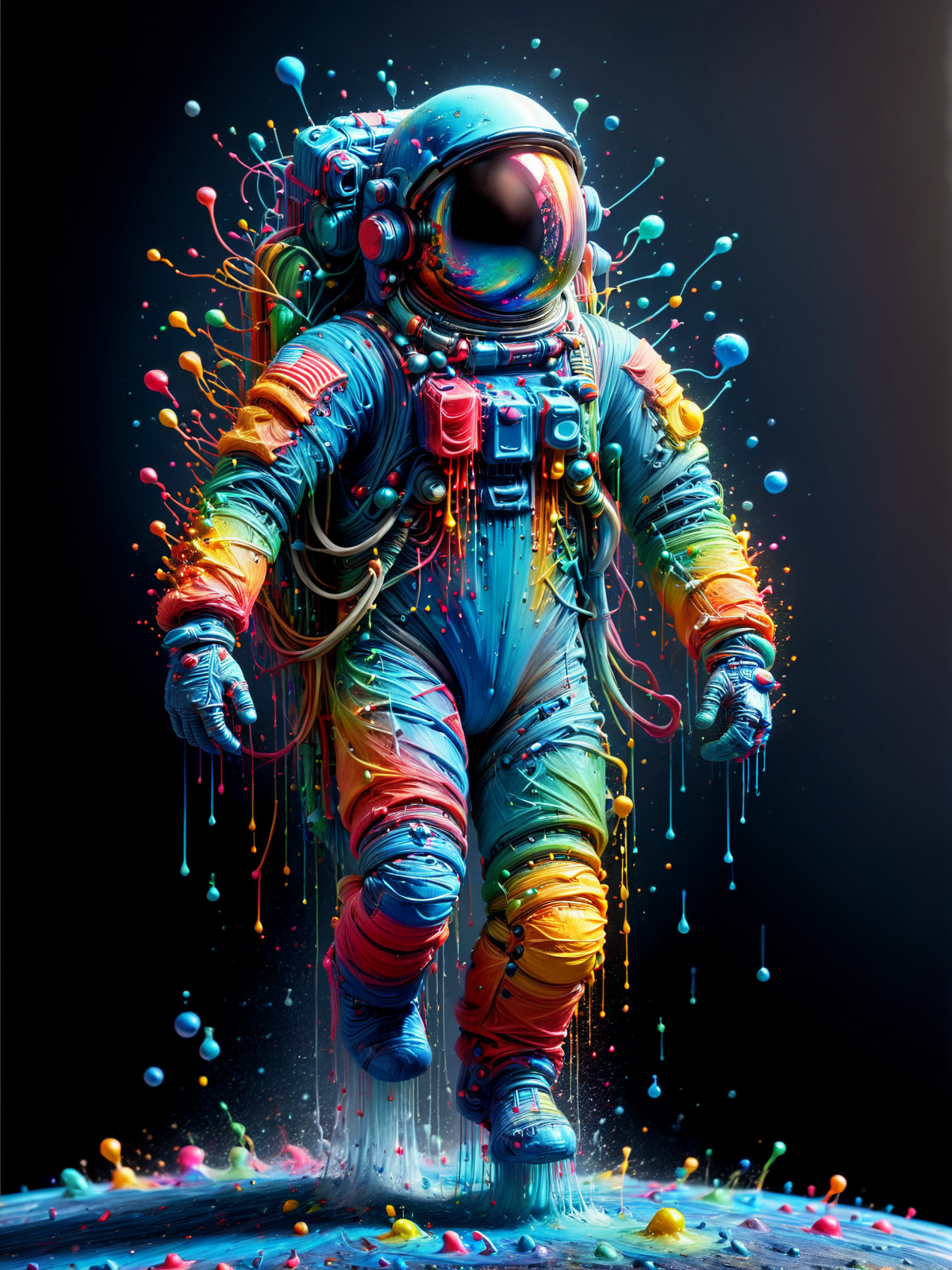 astronaut in space made of mad-thrdpnt, paint splashing, outrun,  <lora:3D_Paint_SDXL:1.2>, (masterpiece:1.2), best quality, (hyperdetailed, highest detailed:1.2), high resolution textures