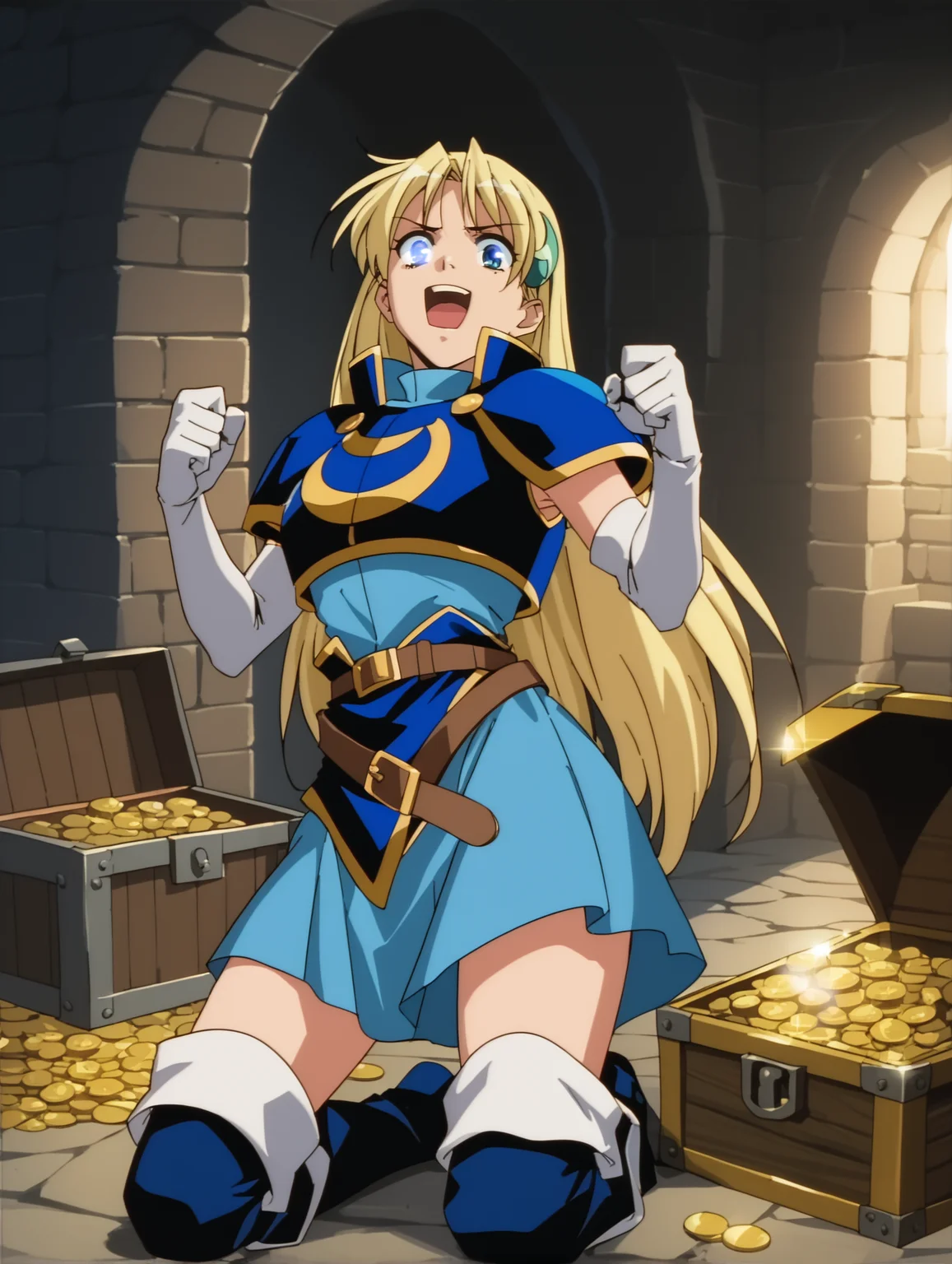 score_9, score_8_up, score_7_up, <lora:words-worth-ponyxl-000009:0.8> sharon, crescent hair ornament, white elbow gloves, blue dress, breastplate, belt, faulds, thigh boots, dungeon, treasure chest, excited, gold coin, shining, dim lighting