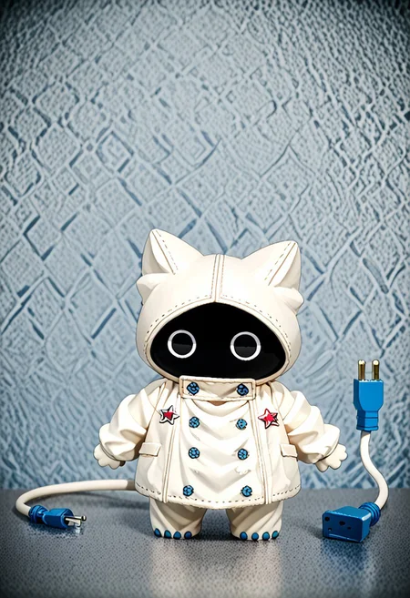 score_9, score_8_up, score_7_up, ((((sdgs4by zuppu11)))), neumaf, 1other, cute, electric plug tail, black eyes, black face, white windbreaker, red star on clothes, solo, full body, zPDXL3