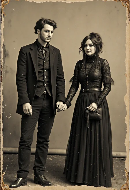 a worn out gothic vampire couples photograph from 1863, sepia, good condition. the man and woman wearing punkish clothing, holding hands smiling with a subtle gothic punk tone