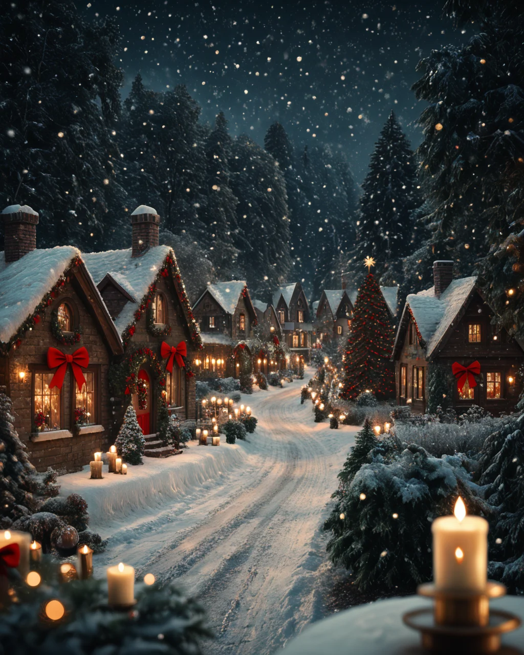 score_6_up,score_5_up,score_4_up, masterpiece, best quality, very aesthetic, life-like, depth of field, detailed textures, bright colors, natural light, ultra HD, fine details, soft background blur,
<lora:Wolvies_Christmas_Village_STYLE_v241215.0040:1> xmas_village, holiday, Christmas, scenery, night, winter, Christmas tree, lamppost, style of Thomas Kinkade, a Victorian village at Christmas time, falling snow, glittering lights, cozy, candle light windows, holiday bows, tilt shift photography, realistic, depth of field