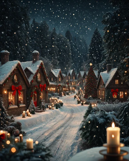score_6_up,score_5_up,score_4_up, masterpiece, best quality, very aesthetic, life-like, depth of field, detailed textures, bright colors, natural light, ultra HD, fine details, soft background blur,
<lora:Wolvies_Christmas_Village_STYLE_v241215.0040:1> xmas_village, holiday, Christmas, scenery, night, winter, Christmas tree, lamppost, style of Thomas Kinkade, a Victorian village at Christmas time, falling snow, glittering lights, cozy, candle light windows, holiday bows, tilt shift photography, realistic, depth of field