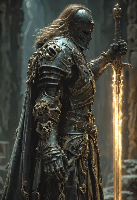 masterpiece, best quality, 8k, professional , by famous artist , trending on artstation, intricated details, detailed, realsitic, boekh , photorealistic, dark shadows, natural light, dramatic, source_realistic, zPDXL, Belrakus the Soulshorn -
A stunning, highly detailed dark fantasy full body illustration of a warrior wearing intricate bone armor ornamented with rune,bones are bleached white and etched with jagged black glowing runes that seem to drink in all light. bone full helmet, holding a bone spear glowing blue and dark, very wide shoulders, wearing big gauntlets, bone mask, cape, glooming eyes,epic composition. The warrior stands heroic with a flowing cape in a dungeon entrace in background,with insanely intricate details and textures, gloomy dramatic lighting, 8K resolution,