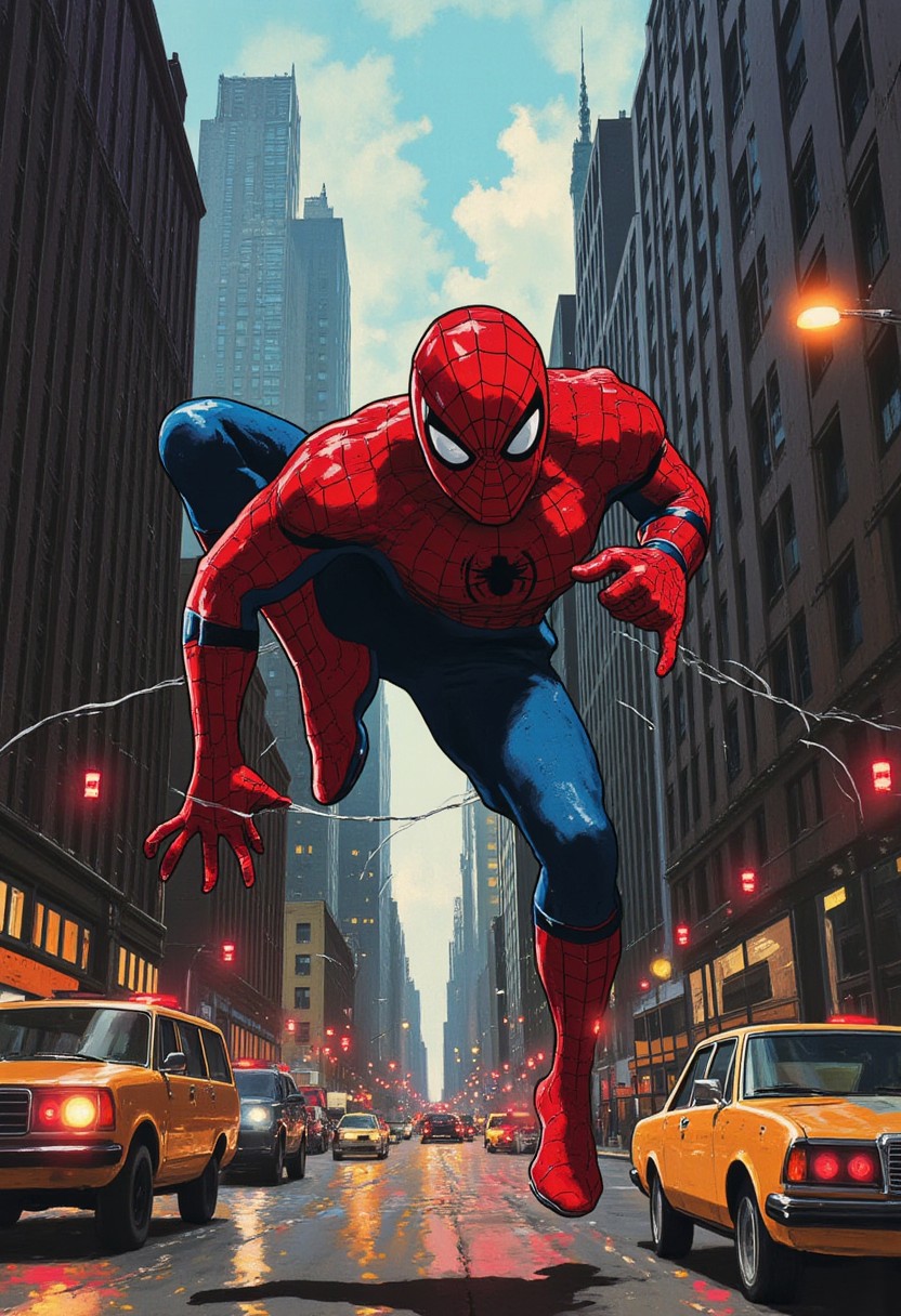 Vector art, uhd, 8k, 4k, epic, dramatic, marvel, spiderman, 4k quality, (Perfect hand:1.4), (masterpiece), (superhero), detailed,
Rendered in a style redolent of Impressionism, the painting utilizes a vibrant.
(Spiderman) swinging from building to building over the busy streetw of new york city. Facing the viewer, web line going from his hand to a building