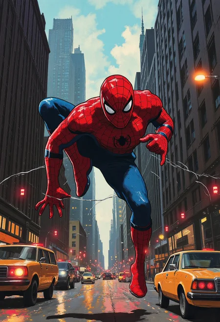 Vector art, uhd, 8k, 4k, epic, dramatic, marvel, spiderman, 4k quality, (Perfect hand:1.4), (masterpiece), (superhero), detailed,
Rendered in a style redolent of Impressionism, the painting utilizes a vibrant.
(Spiderman) swinging from building to building over the busy streetw of new york city. Facing the viewer, web line going from his hand to a building