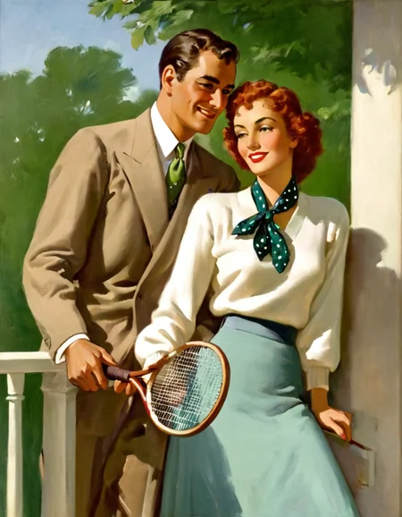 a Sundblom illustration depicting a romantic scene set against a serene outdoor background. A couple is depicted seated closely together on a balcony, with sunlight casting gentle highlights on their features. The woman, with soft red curls, is dressed in a white sweater adorned with a red ribbon, complemented by a navy blue skirt. Her expression exudes a blend of elegance and playfulness. The man, leaning in slightly towards her, is dressed in a stylish tan suit with a green polka-dot tie, projecting charm and sophistication. His arm wraps around her, suggesting intimacy and connection. He holds a tennis racket, hinting at the couple's active lifestyle and shared interests. The background features a light blue sky and hints of greenery, enhancing the atmosphere of a leisurely, joyful day. This artwork skillfully merges elements of romance and leisure, appealing to those who appreciate classic depictions of companionship and sport. .<lora:HSundblom1-000003:1>