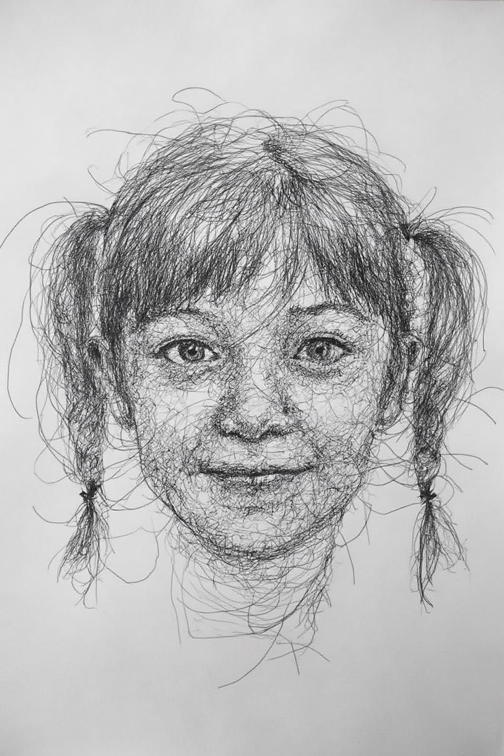 Drawing on grey paper, depicting the face of a teenager girl with twin pigtails <lora:scribble1_nbm_d6a3:1.0><lora:822520270788227708:0>