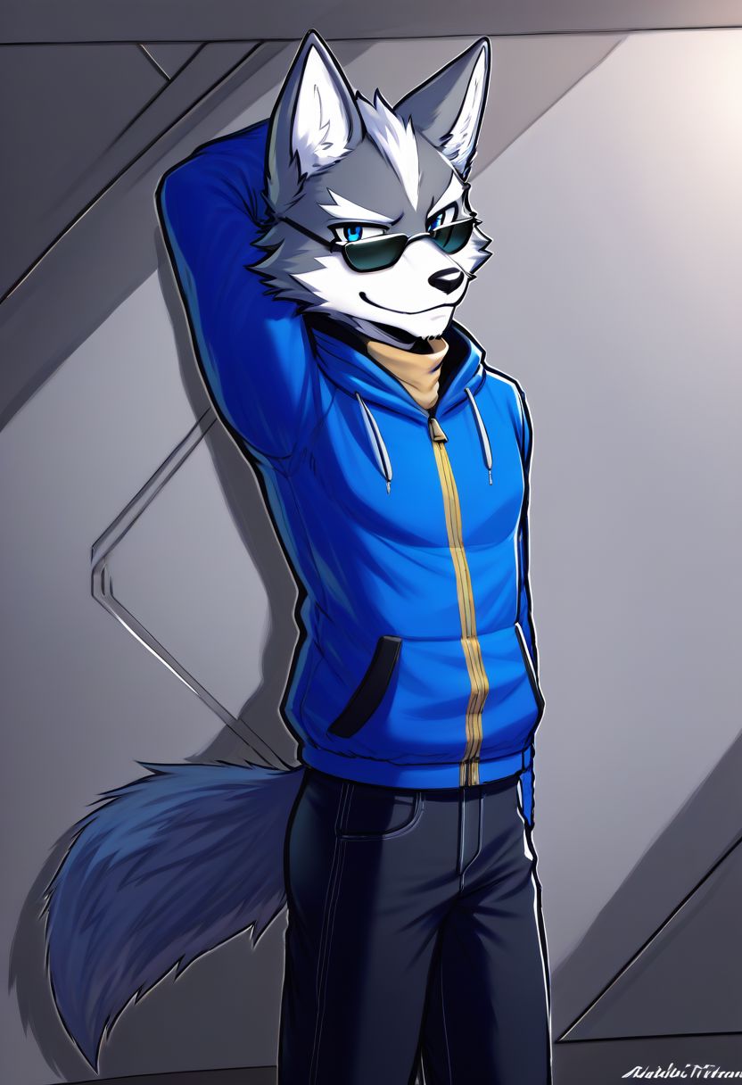 Wolf, blue eyes, (high quality, high resolution, masterpiece), solo, anime work smiling, man, slender body, key visual, bright, studio anime, high detail Milkytiger1145:0.9, author granato : 0.5,  blue eyes, blue hoodie, black jeans, solo, leaning against the wall, glasses on eyes, winter and black shades of the suit with white and blue elements, spaceship