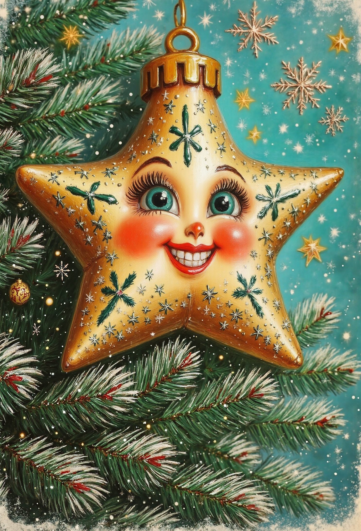 pstcs001, majestic golden star character, brightly glowing, smile and sparkling eyes, on top of a Christmas tree, shimmering snowflakes falling gently, background features warm bokeh lights, magical atmosphere, hd quality, enchanting style, soft focus, elegant detailing