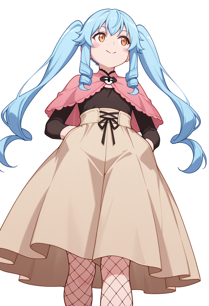 masterpiece,high quality details, absurdres, 
walking, one hand in pocket, looking aside, casual, confident,  ,
 <lora:Michiru_Kusagakure:0.8>
michiru_cnr, 1girl, blue hair, long hair, twintails, drill hair, sidelocks, orange eyes, blush stickers,, c:,, simple background, white background, from below,solo,, capelet,shrug  ,long skirt, ,fishnet legwear,