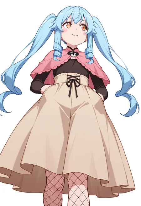 masterpiece,high quality details, absurdres, 
walking, one hand in pocket, looking aside, casual, confident,  ,
 <lora:Michiru_Kusagakure:0.8>
michiru_cnr, 1girl, blue hair, long hair, twintails, drill hair, sidelocks, orange eyes, blush stickers,, c:,, simple background, white background, from below,solo,, capelet,shrug  ,long skirt, ,fishnet legwear,