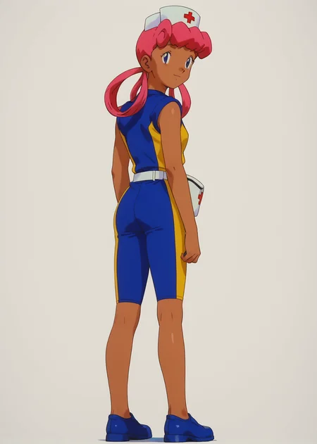 score_9, score_8_up, score_7_up, 1girl, solo, source_anime, pkmnjoy, hair rings, dark skinned female, wetsuit, sleeveless, nurse cap, blue eyes, pink hair, dark-skinned female, <lora:Nurse_Joy_-_Pokemon_anime_Orange_islands:1> simple background, white background, standing, full body, from behind, looking back, looking at viewer,