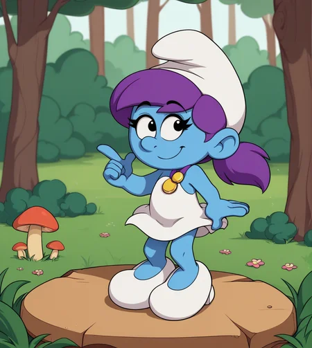 score_9,score_8_up, score_7_up,
1girl, solo, Moxette, blue skin, purple hair, white dress, white hat, white shoes, outdoors, standing on mushroom, tree, grass, cartoon, source_cartoon,
<lora:Smurf_Character_Pack:1>