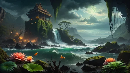 Hyperrealistic art A dark and atmospheric scene inspired by H.P. Lovecraft's "The Call of Cthulhu." In the foreground, the ancient, crumbling city of R'lyeh rises from the depths of the ocean, with its non-Euclidean architecture and impossible angles, covered in seaweed and strange, glowing algae. Towering above the city, the monstrous figure of Cthulhu emerges from the water, his grotesque, squid-like head with writhing tentacles, and massive bat-like wings casting a shadow over the landscape. His eyes glow with a malevolent, otherworldly intelligence. The sky is dark and stormy, with lightning illuminating the chaotic, nightmarish scene. Jagged rocks and towering waves crash around the city, adding to the sense of impending doom. The background features a turbulent ocean and a chaotic, swirling sky filled with dark clouds and flashes of lightning. The atmosphere is filled with a sense of cosmic dread and horror, capturing the terrifying and unfathomable nature of Lovecraft's universe. The overall style is highly detailed and realistic, emphasizing the ancient, alien nature of R'lyeh and the monstrous presence of Cthulhu.
<lora:Enhanced_XL_V1:0.8> enhanced, Hyperrealistic art Hyperrealistic art A stargate bustling futuristic cityscape, floating in post-nuclear war destroyed world with nuclear fallout, creating a juxtaposition between advanced technology and human greed, complete with hyperrealistic detail, cinematic lighting and vibrant colors <lora:world_glass:1>, dynamic, cinematic, masterpiece, intricate, hdr, . Extremely high-resolution detail, photographic, realism taken to the extreme, fine texture, incredibly lifelike . Extremely high-resolution details, photographic, realism pushed to extreme, fine texture, incredibly lifelike, RAW Proffesional Photography of a landscape, Long shot, __Kamera__, (comet:0.1), (flowers:0.1), (water lilies:0.1), (insects:0.1), (animals:0.1), (birds:0.1), (waterfall:0.1), (Fish in water:0.1),(Tundra:0.1), (Desert:0.1), (Rainforest:0.1), (Mountains:0.1), ( Frontal fog:0.1), (Waves:0.1), (Stars:0.1), Sunny, psychedelic, entropy, shallow depth of field detailed background, dark noir style, HDR, RAW, ray tracing reflections, sharp focus, ultra realistic, 12k <lora:add-detail-xl:1>, cinematic photo, a extreme deep underwater world in which occasionally (full body view of a Orca:2.0), coral reefs, algae, underwater plants, colorful fish, The scene features clear water with (random time of day, random weather:1.3), love and entropy are depicted throughout the scene, with mini insects and microcosms complementing the detailed background, HDR, RAW, ray-traced reflections, sharp focus and ultra-realistic detail, 35mm photograph, film, bokeh, professional, 4k, highly detailed
<lora:SDXLHighDetail_v5:1> <lora:more_details:1>, nsfw, Raw poster, concept art, landscape, psychedelic, Raw poster, concept art, landscape, psychedelic, depicting a two-part scenario of the same scene: in the upper half, a dark magic ocean lonely islands with palms, coconut trees, waterfalls, flowers, insects, birds, where dolphins play in the waves and the occasional shark fin breaks the surface; transitioning seamlessly into the lower half, a microcosm of an very deep and very dark underwater world with (colorful fish, mystical lights, coral reefs, seaweed, underwater plants:1.3), and occasional (orcas:0.9) and sharks gliding through the depths., foggy, random weather, random daytime, (love:1.3), (spring saeson in the ball:1.3), entropy, (mini insect:0.1), shallow depth of field detailed background, sunshaft, surreal, dark noir style, HDR, RAW, ray tracing reflections, sharp focus, ultra realistic, 12k
<lora:dreamcolor:0.3> <lora:EDG_-_Test_Lora:0.3> <lora:more_details:0.3>, Raw poster, concept art, landscape, psychedelic, Cloudy,Twilight, Crescent moonlight,beautiful waterfall in the middle of a forest, swiss landscapes, (love:1.1), Ice fog, entropy, (mini insect:0.1), (shallow depth of field detailed background:1.2), dark noir style, HDR, ray tracing reflections, sharp focus, ultra realistic, 12k <lora:add-detail-xl:1><lora:LowRA:1> <lora:more_details:1> ,m0nst3rfy3 <lora:m0nst3rfy3(0.5-1)M:1>, <lora:SDXLHighDetail_v5:1> . Extremely high-resolution details, photographic, realism pushed to extreme, fine texture, incredibly lifelike