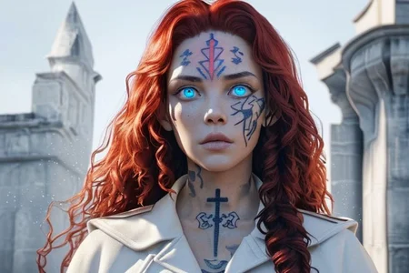 bright red hair, human female, (feminine:1.7), (beautiful face, detailed face:1.6), (beautiful eyes, detailed eyes:1.7), (looking at viewer, eye contact, intense:1.6), (long hair, red hair, curly hair:1.3), , ((masterpiece, best quality, high resolution, realistic, best quality,)), photo realistic, Perfect Face, (detailed face). <lora:GoodHands-vanilla:0.6> <lora:add-detail-xl:0.8>, mage, (Dress White military uniform coat), dagger, rune dagger, glowing runes, , (((glowing magic symbols tattoos, religious tattoos))), ((face tattoos)), glowing tattoos, stone tower in the background