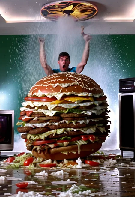 hamburger explosion lettuce covering lens man eating a gigantic hamburger and flexing reflective television broadcast colors bouncing off surfaces, faces on the floor and in the ceiling, ghosts swirling, psychedelic chaos high quality circuit boards with wet looking high definition brains in a wet raining factory 1980s tv test pattern mirrored prisms low exposure light the magician tarot card upscaled high resolution diffused light on subjects high definition 16k very sharp super chaotic scenes giant pile of broken fried eggs in the middle of the room, super wet and glistening with television sets on fire