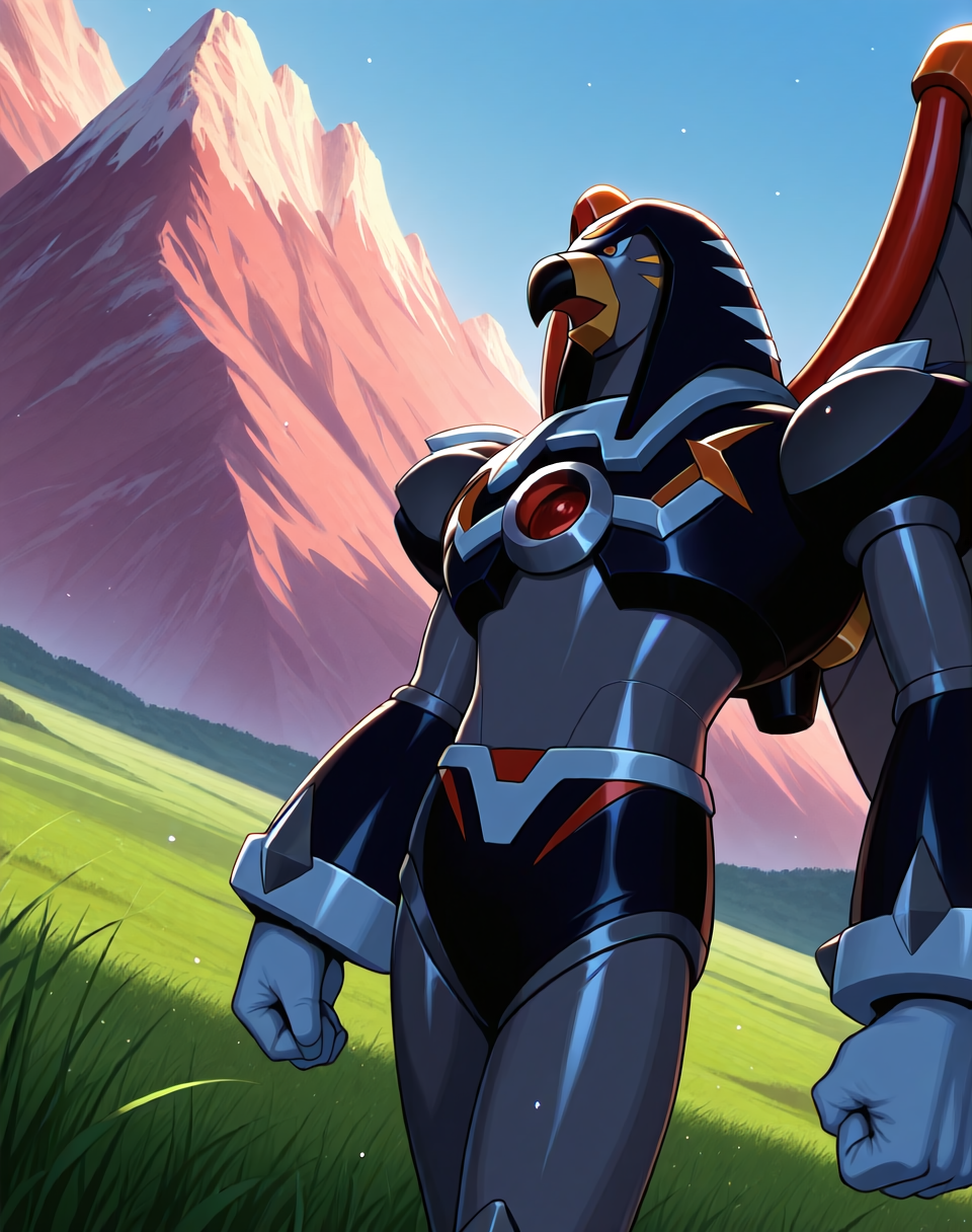 <lora:Flame_Falcon_(Mega_Man_X)_(Illustrious)_(AD):1.35> Flame Falcon, reploid, MMX, 
exterior, blue sky with clouds, mountain valley, grassy valley,
dutch angle, dynamic action, cowboy shot,
male focus, intense shadows, dynamic shadows, intricate details, attention to details, gradient coloring, robot, bright vivid colors, deep metallic colors, glossy metal body, wings, beak, looking down, 
BREAK very awa, masterpiece, best quality, amazing quality, very aesthetic, highres, absurdres,
EZRealPONYXL, zPDXL, Smooth Quality, lazynsfw,