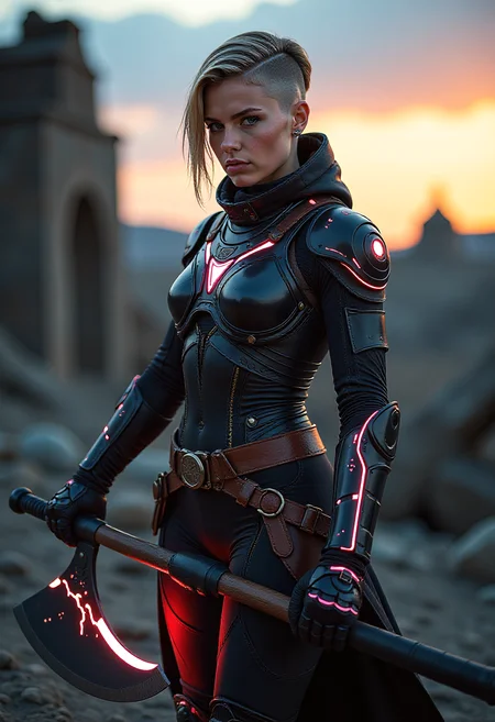Vibrant Rim Light, As the twilight's dim light casts an ethereal glow, a vikingpunk warrior stands proudly amidst the post-apocalyptic ruins, her advanced exosuit emitting bioluminescent electricity. Her undercut hair with shaved sides, framing her determined expression heterochromia eyes with one mechanical dimly lit eye and one natural eye, full of purpose. She wields a futuristic battleaxe, its edge shimmering with power, prepared for any trial. The desolate landscape, marked by rust and wear and heavy patina of her exosuit and weapon, becomes a stage for her resilience. The exosuit, covering her torso and legs, showcases a blend of ancient Viking culture and futuristic technology, leaving a lasting impression of strength and adaptability in this harsh, Nordic-inspired world. Beauty, realism, chiaroscuro, cinematic quality, rays of light, play of shadow and light, realistic, perfection style, bright rim light, high contrast, bold edge light. mad-cbrpnk-dtlr, hologram, perfection style,