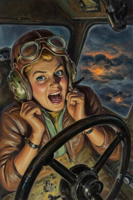 walterbaumhofer1 painting. 
A female pilot screaming inside the cockpit of a World War II bomber. The pilot, wearing a vintage leather flight helmet with goggles and a bomber jacket, grips the controls with white-knuckled hands. Her face is contorted in a mix of fear and determination as she yells, her eyes wide with adrenaline. The cockpit is cramped and filled with old-fashioned dials and gauges, with the outside view showing dark stormy clouds and distant anti-aircraft fire <lora:walterbaumhofer1_cap_d8a4e12:1.0><lora:849133811210931281:0>