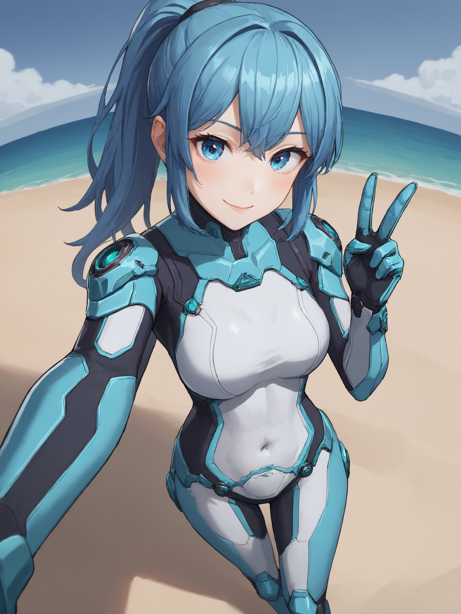 score_9, score_8_up, score_7_up, zPDXL, zPDXLpg, <lora:offset_0.2:0.1>, <lora:spo_sdxl_10ep_4k-data_lora_webui:1>,
1girl, solo,
revisionsneurosuit, blue bodysuit, covered navel, <lora:Neurosuit__Revisions:0.7>,
blue hair, blue eyes, ponytail, double-parted bangs, sidelocks,
v, peace sign, selfie, dutch angle, from above, reaching towards viewer, hand out of frame, looking at viewer,
beach, blue sky