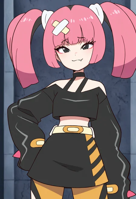 (masterpiece, best quality, good quality, very aesthetic, absurdres, newest:1.2), zzSango, pink hair, short twintails, blunt bangs, hair ornament, belt, long sleeves, sleeves past fingers, black skirt, black choker, black crop top, bare shoulders, yellow belt, bandaid, midriff, collarbone, , <lora:SangoPokemon_NAI:1.0>, , smile, looking at viewer, cowboy shot, ,<lora:Diives_NAI:1.0>,