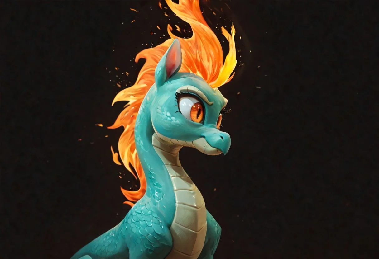 score_9, score_8_up, score_7_up, toony, feral, mlp, tianhuo_tfh, furry female, orange eyes, slit pupil, dragon horse, flame hair, flame mane, flame tail, fire, black background