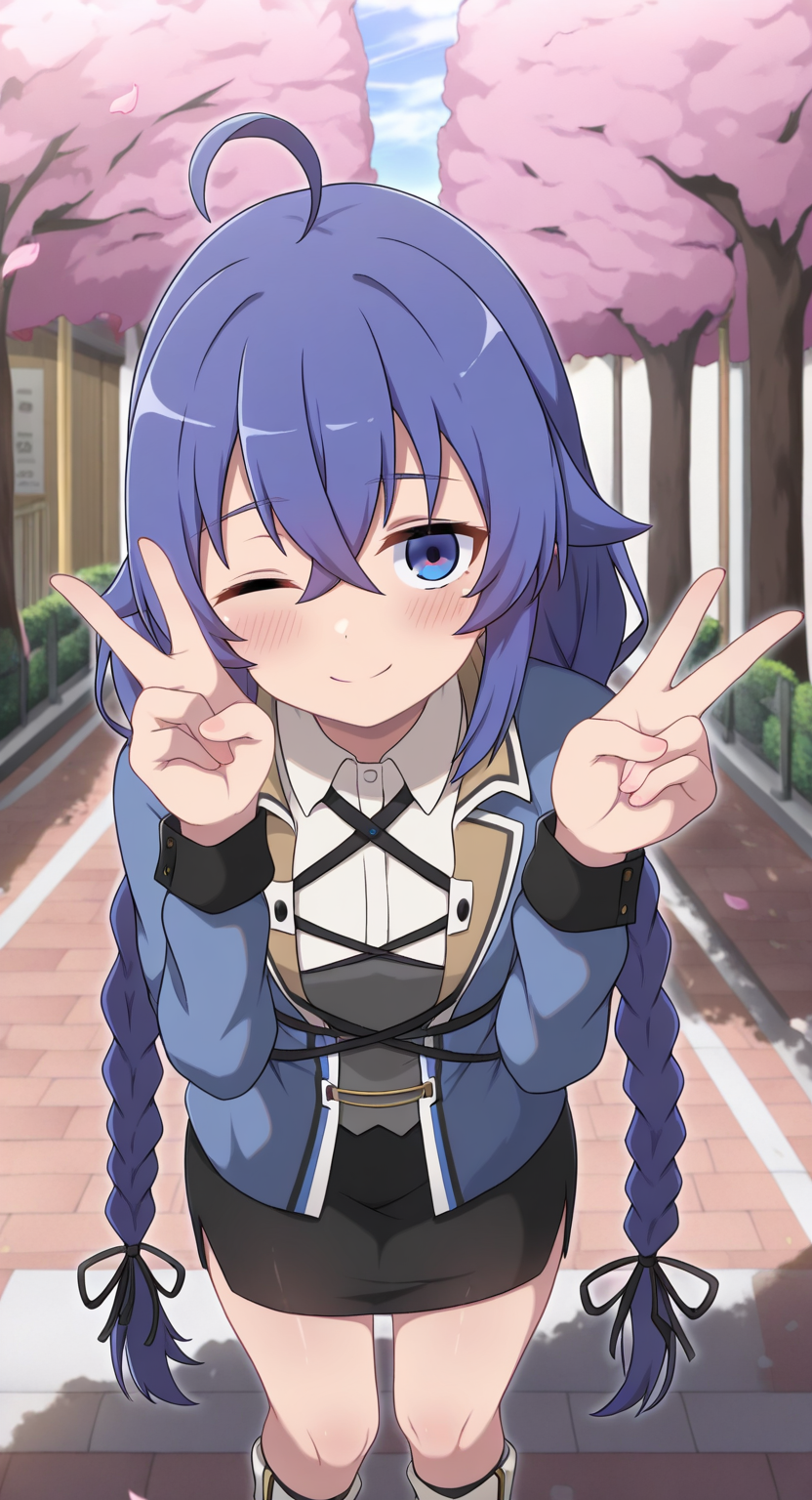 masterpiece, cute, lovely, newest, absurdres, (best quality:1.3), amazing quality, very aesthetic, 1girl, solo, blush, (big breasts:0.5), (Kamuo_Style), high gradient eyes, open eyes, big eyes, roxy migurdia, ahoge, blue eyes, blue hair, braid, hair between eyes, long hair, twin braids, very long hair, flushed, smile, happy, BREAK, street, cherry blossoms, looking at viewer, collared shirt, blue jacket, long sleeves, red ribbon, pencil skirt, white socks, close-up, cowboy shot, v, one eye closed