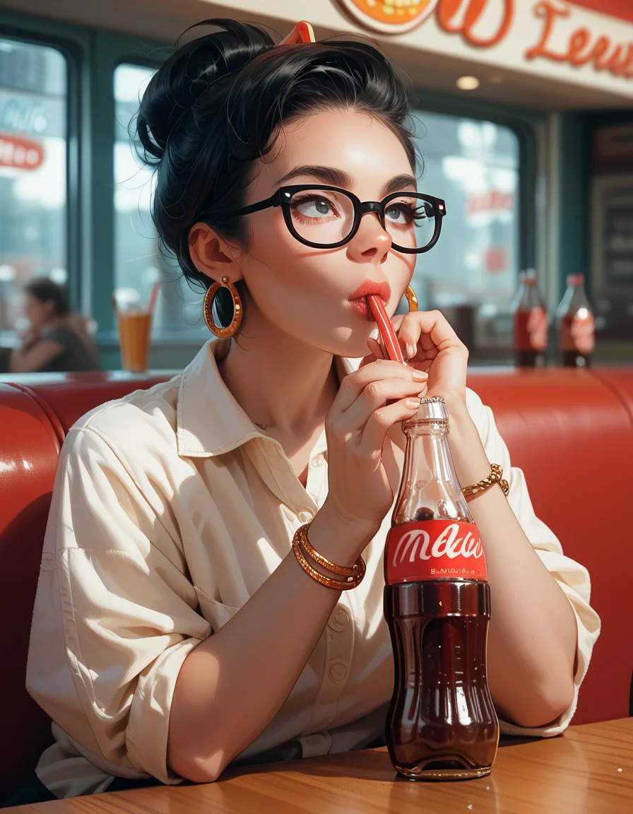 score_9, score_8_up, score_7_up, score_6_up, score_5_up, score_4_up, hud_v1ntagedr1nk, 1girl, solo, jewelry, glasses, earrings, black hair, drinking, shirt, bracelet, soda bottle, <lora:hud_v1ntagedr1nk_XLP2:0.8>, diner